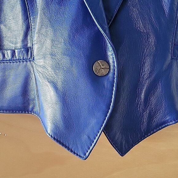 VTG Michael Hoban North Beach XS S 80s Blue Leather Jacket Cropped Peplum Moto - Picture 3 of 15
